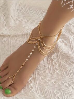 Gold Multi-Chain Body Necklace with White Bead Accent